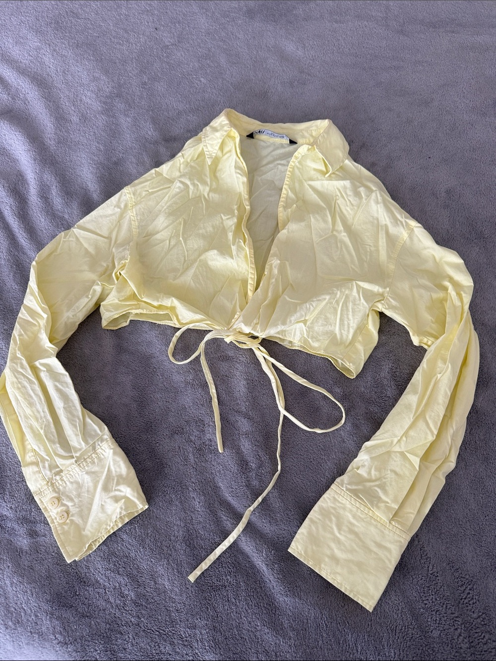 Zara Polo Cropped Tie-Front Shirt Yellow